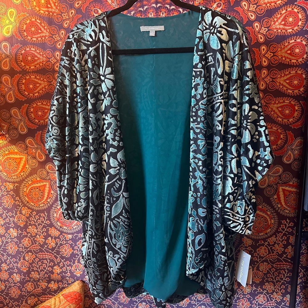 NY Collection Teal Burnout Velvet Kimono Cardigan Floral Open Front XBVR0010 L
